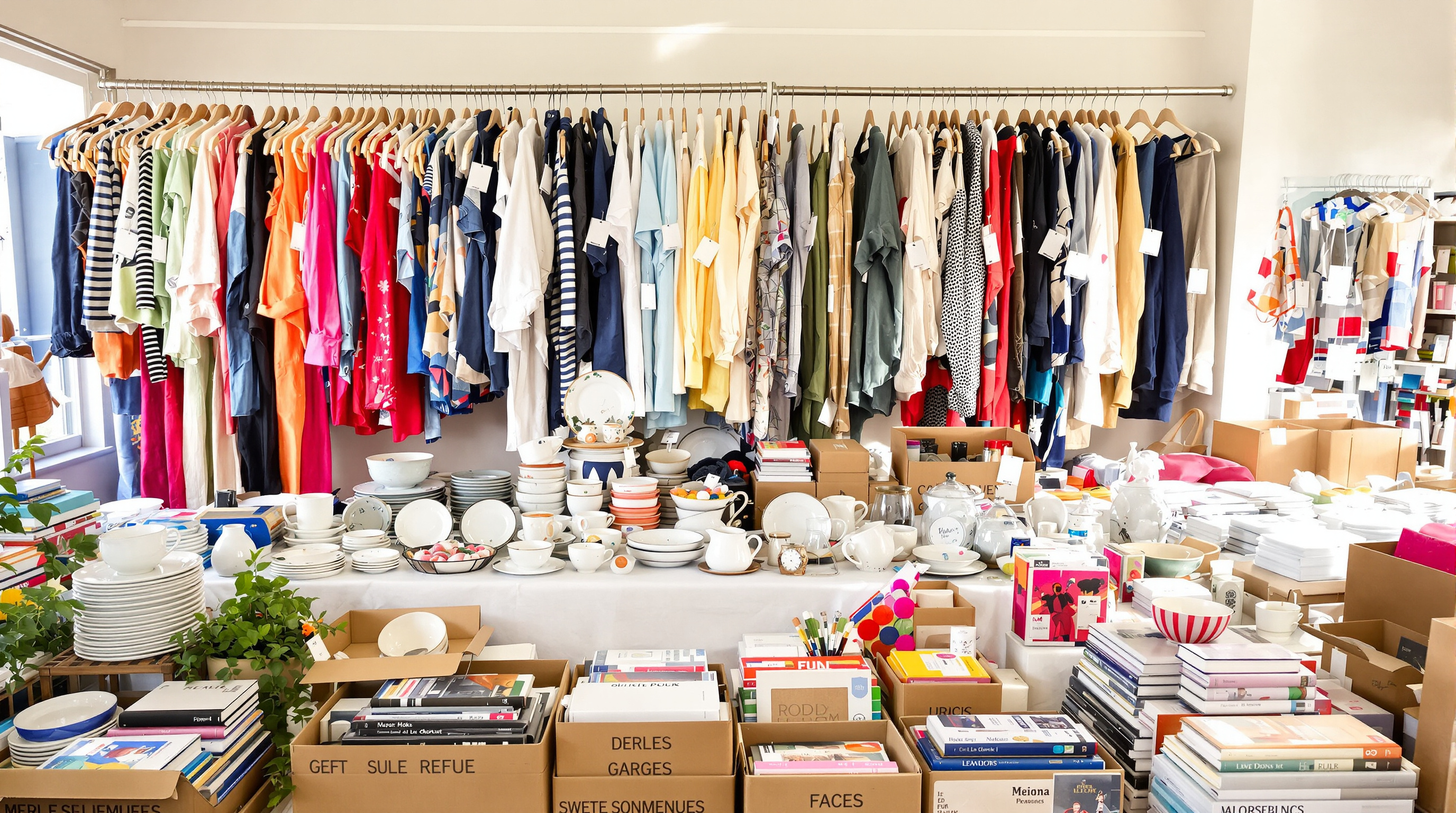 vide-maison organisé vêtements portants vaisselle livres prix étiquetés