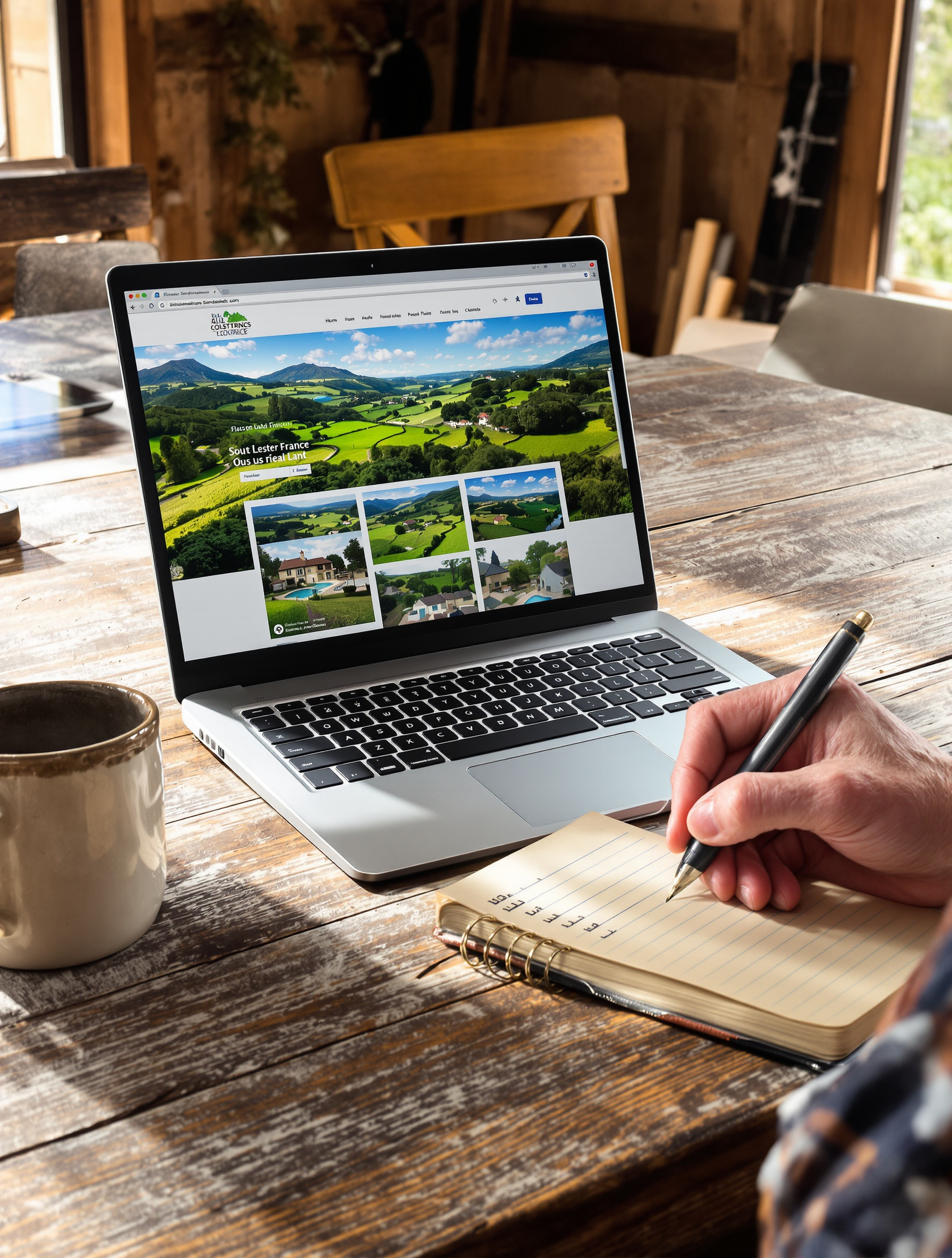 Vieil ordinateur portable ouvert sur un site d'annonces immobilières terrains Sud-Ouest France.