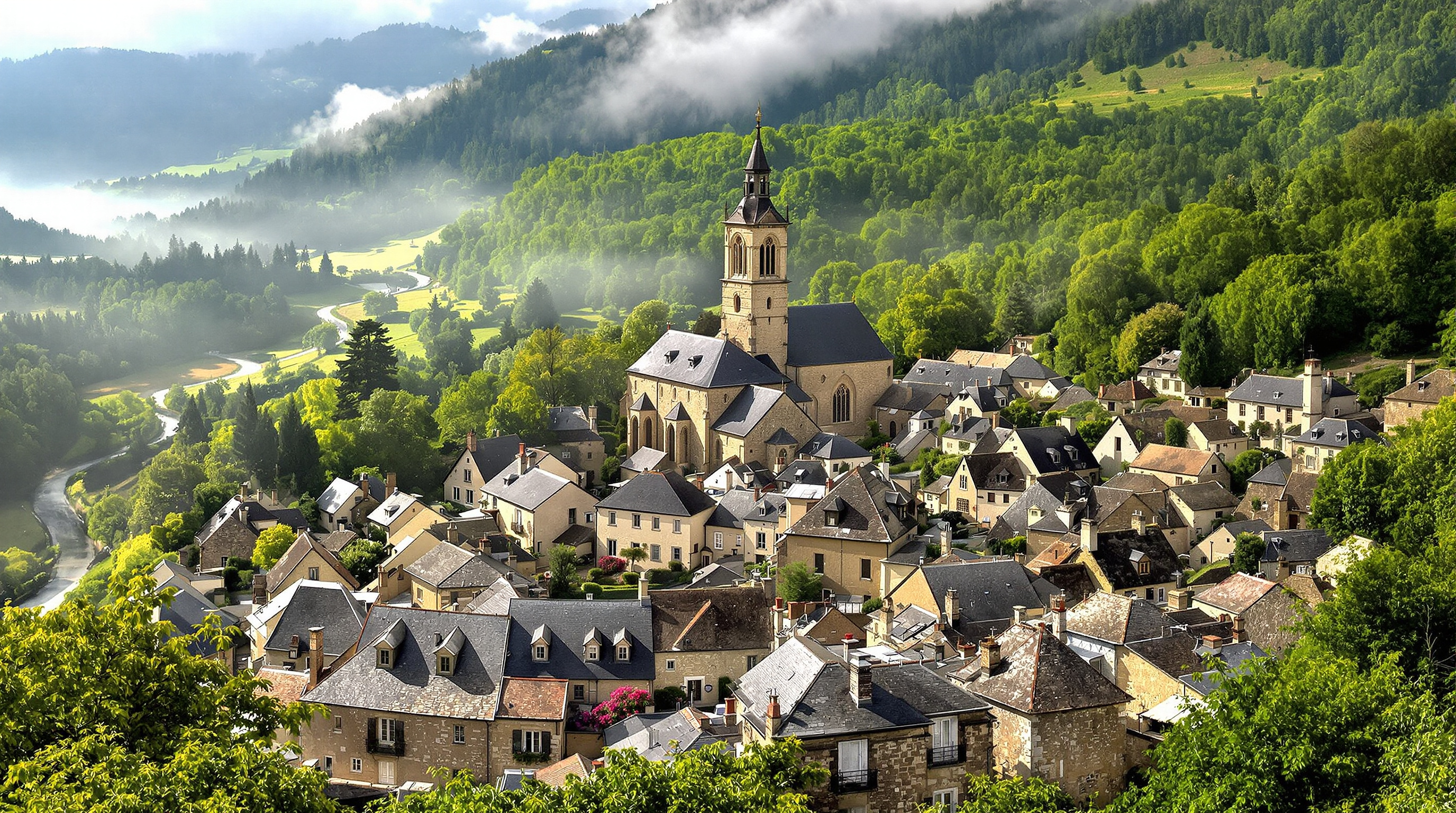 Vue panoramique d'un village pittoresque de l'Aveyron avec maisons en pierre et église.