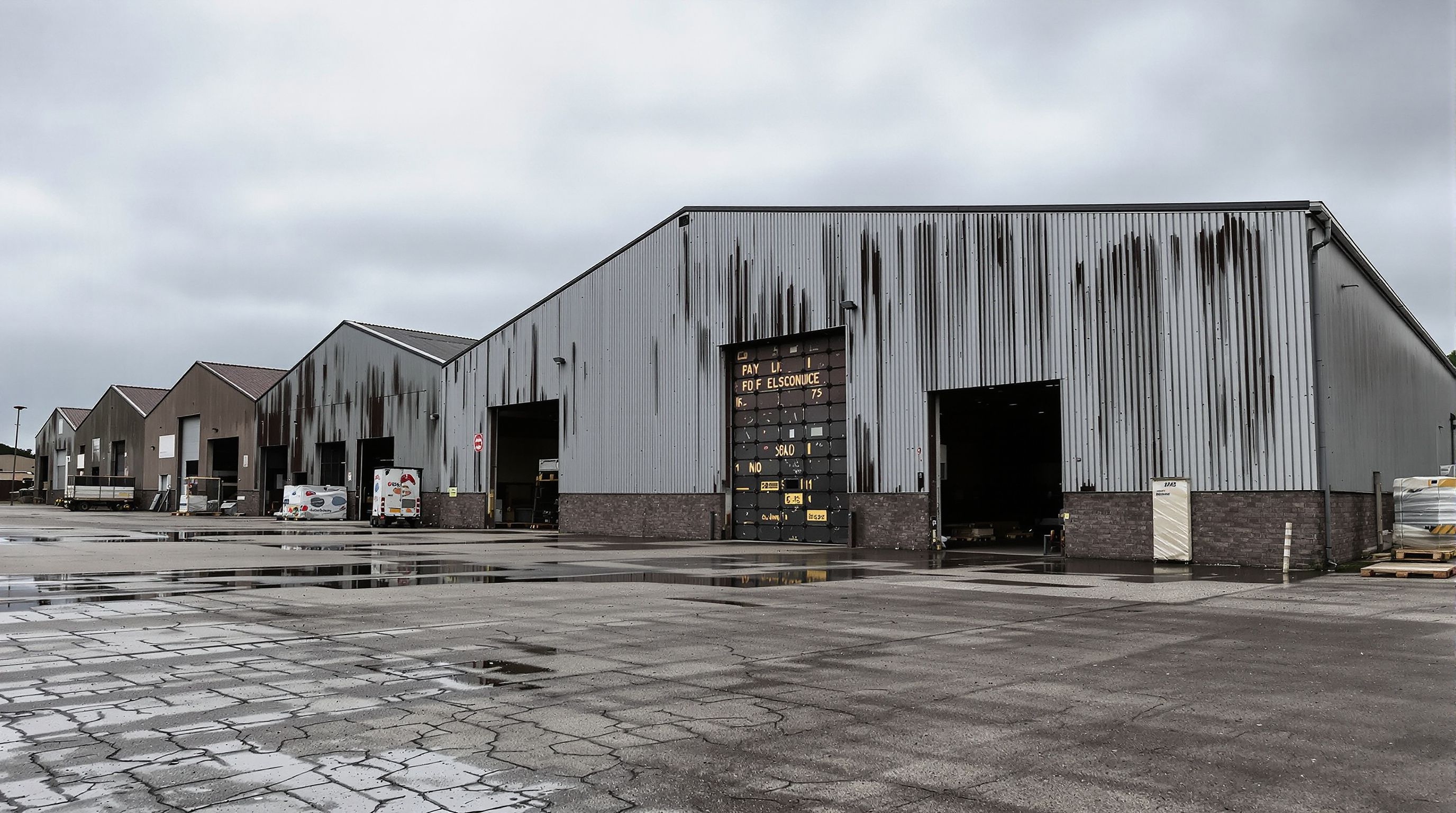 zone industrielle vieillotte Loire-Atlantique plusieurs hangars ciel gris ambiance authentique
